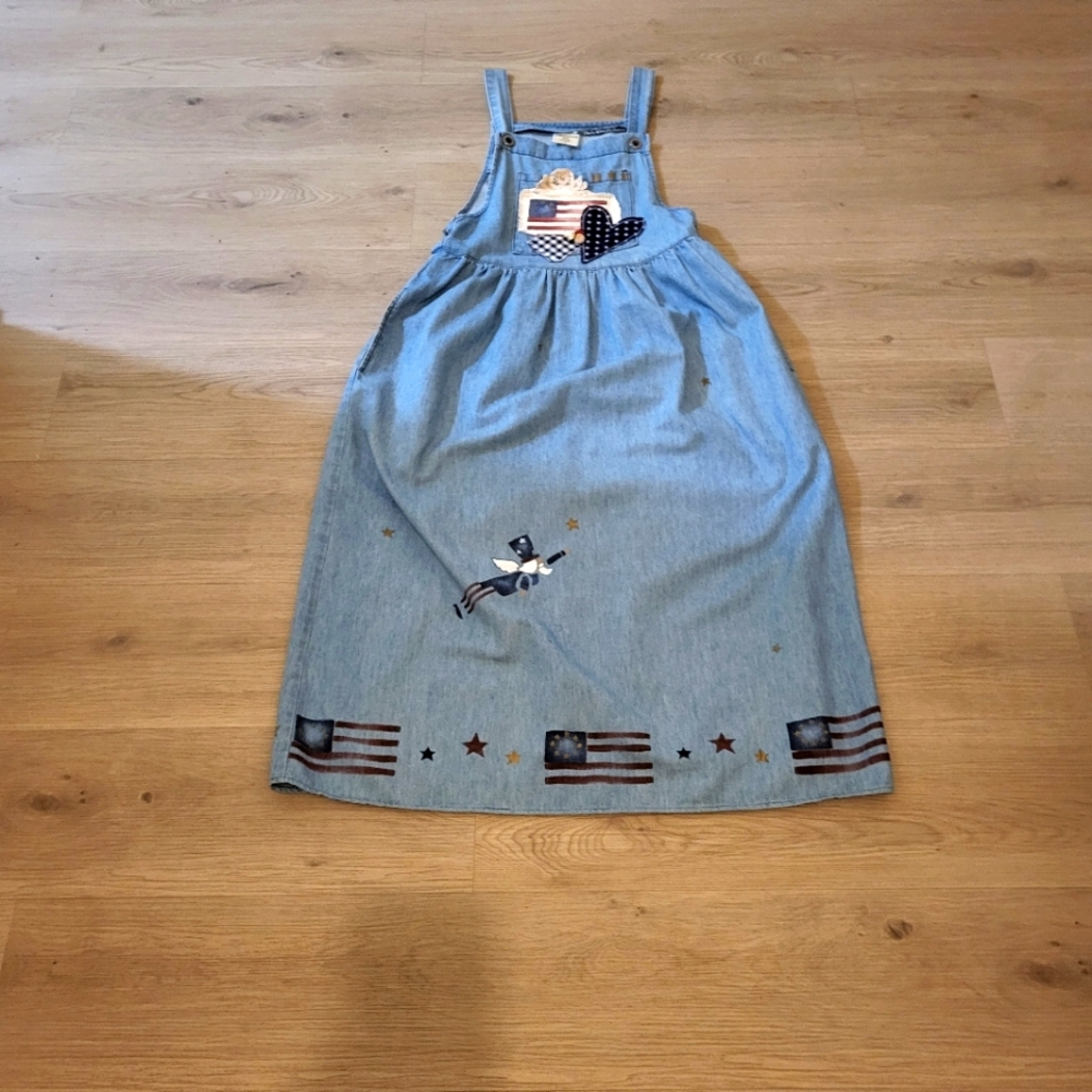 VTG Designs By Cat Overall Dress Womens S pockets Prairie Cottagecore Flag